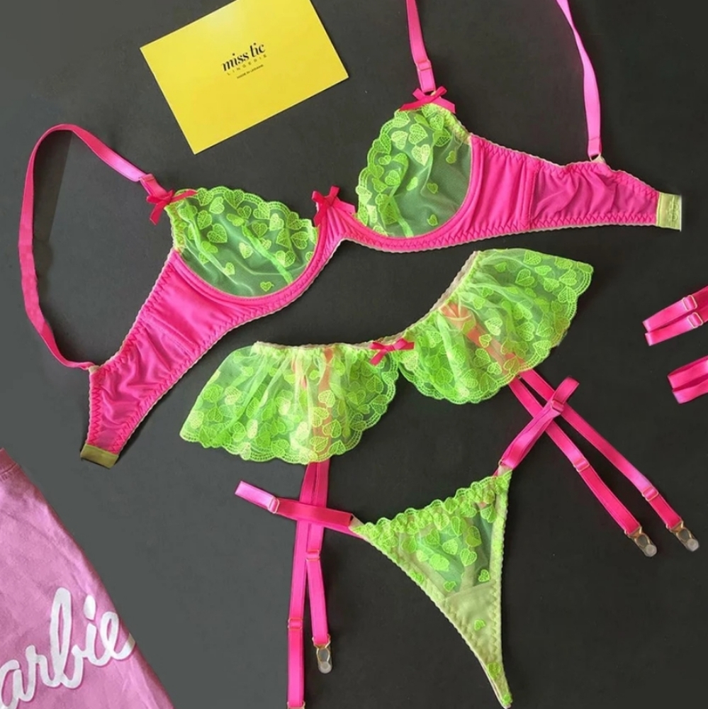 Neon hot Barbie pink lime sexy Lingerie bra garter